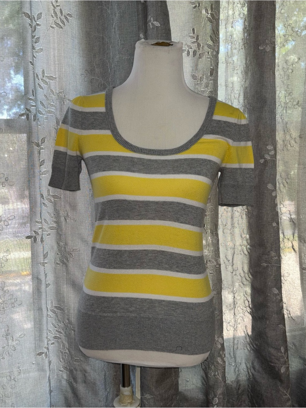 Mossimo Supply Co. Yellow Gray White Striped Scoop Neck Short Sleeve Top